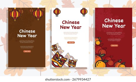 Layout de três painéis com máscaras lanternas e decoração de frutas