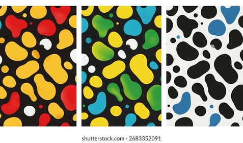 Three panels with colorful abstract blob patterns in red, yellow, green, blue, white, and black.
