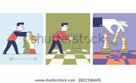 Three panels demonstrating business strategy concepts through men moving large chess pieces like knight, rook, and pawn.