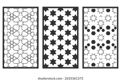 Three panels display geometric star patterns. Each panel features unique designs, providing a study in Islamic design with stark black and white contrast.