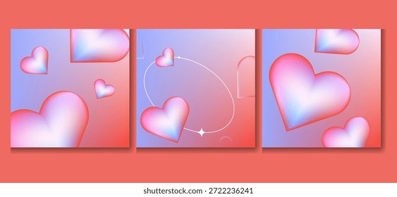 Drei Panels zeigen glänzende, irisierende rosa und blaue Farbverlauf-Herzen, die über weiche violette und korallenfarbene Hintergründe schweben, in einer romantischen abstrakten Komposition, die perfekt für Urlaubsthemen ist.