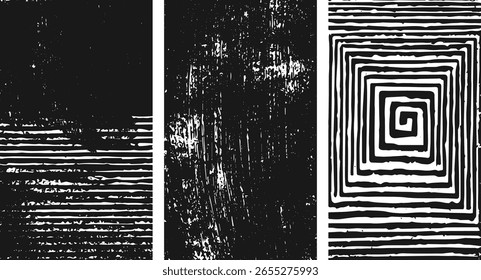 Three panels featuring abstract black and white designs with distressed textures and geometric patterns.