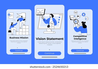 Three panels featuring business concepts. A person holding a flag on a stack of blocks, another presenting on a computer monitor, and a person analyzing data icons. Ideal for business, strategy
