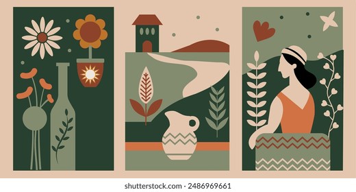Three panels with minimalist nature elements in earth colours