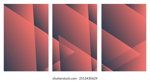 Três painéis com formas geométricas sobrepostas em tons de vermelho e cinza.
