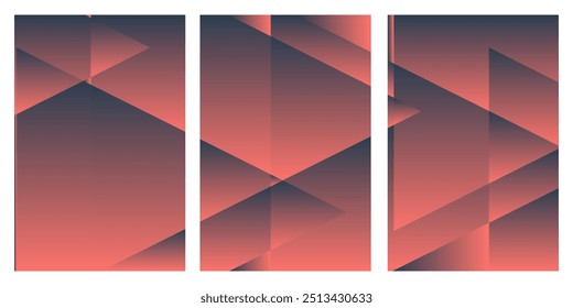 Three panels with overlapping geometric shapes in shades of red and gray.
