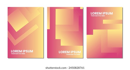 Three panels with pink and yellow gradients and geometric shapes.