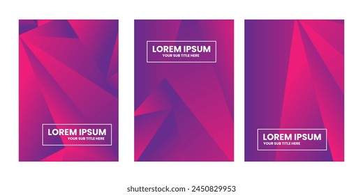 Three panels with purple gradient and geometric shapes.