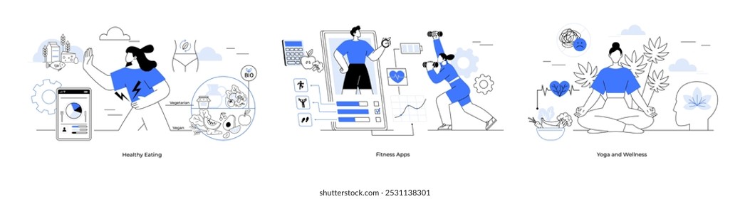 Tres paneles muestran conceptos de un estilo de vida saludable que incluyen alimentación equilibrada, App en fitness y yoga para el bienestar. Ideal para la salud, el estado físico, la nutrición, el bienestar, la atención plena y el cuidado personal