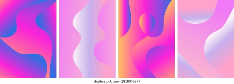 Three panels showcasing abstract fluid shapes with vibrant gradient colors, a modern vector illustration suitable for backgrounds and design elements.