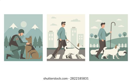 Three panels showcasing different working dogs helping humans as a military helper, service guide, and sheepdog.