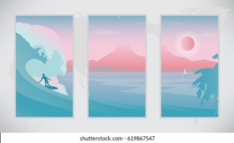 Three panoramic vector illustrations for mobile phone screens. Surfing and vacation design set in two gradient colors.