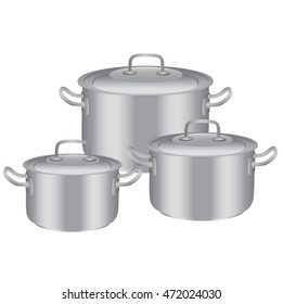 Three pans of stainless steel in different sizes. Vector illustration