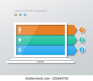 three paper arrows within laptop computer screen  infographics in flat design style. vector.