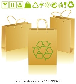 Three paper bags of different sizes and positions with ecological icons