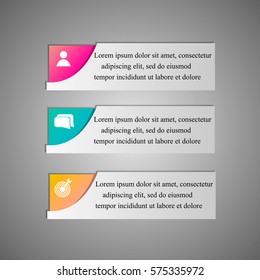 Three paper banners for infographics, business design, step presentation, number options, progress design, reports or workflow layout. Clean and modern style