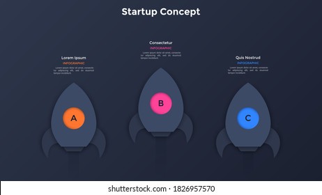 Three paper black rockets or spaceships flying up. Concept of three steps to start business project. Minimal infographic design template. Modern flat vector illustration for presentation, banner.