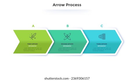 Tres flechas solapadas coloridas de papel colocadas en fila horizontal. Concepto de 3 etapas sucesivas de desarrollo progresivo de las empresas. Plantilla sencilla de diseño infográfico. Ilustración vectorial.