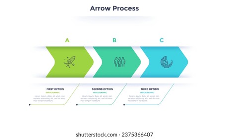 Three paper colorful overlapping arrows placed in horizontal row. Concept of 3 successive steps of progressive business development. Simple infographic design template. Abstract vector illustration.