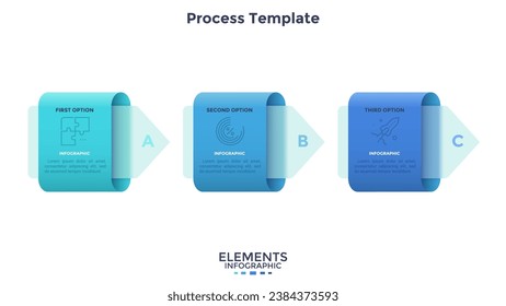 Three paper colorful overlapping arrows placed in horizontal row. Concept of 3 successive steps of progressive business development. Simple infographic design template. Abstract vector illustration.