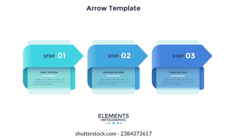 Three paper colorful overlapping arrows placed in horizontal row. Concept of 3 successive steps of progressive business development. Simple infographic design template. Abstract vector illustration.