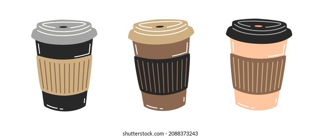 Three paper cups of coffee. Vector flat illustration