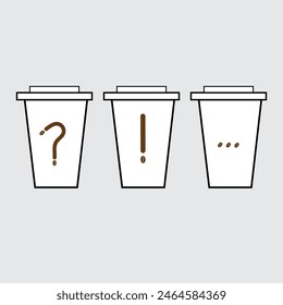 Three paper cups with punctuation marks: question mark, exclamation point and ellipsis