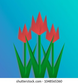 Three paper cut tulips on blue background, collage with shadows, card template