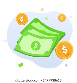 Three paper dollar money and dollar coins around it. Business and finance success concept. Finance concept editable vector illustration. suitable for UI illustration, presentation, or many others.