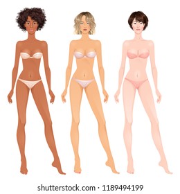 Three paper dolls, beautiful young women, different skin colors. Body templates, ready for cut out and play. Isolated vector illustration.