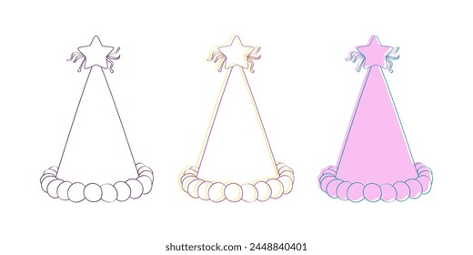 Se muestran tres sombreros de papel con decoraciones de estrellas en la parte superior