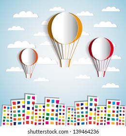 Three Paper Hot air balloons over the city - vector illustration - greeting card