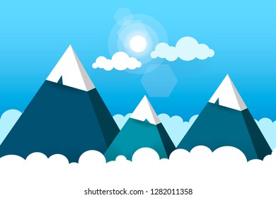 Three Paper Mountains In White Clouds Sunny Day Vector Illustration