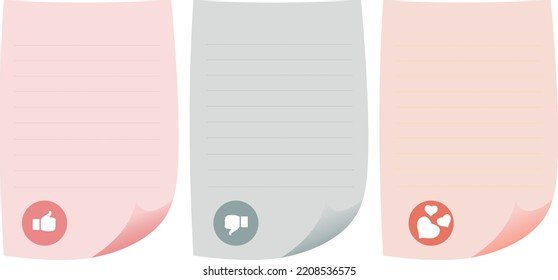 Three paper stickers for notes, labels. They are made in pastel colors with a set of colored symbols. Color vector illustration.