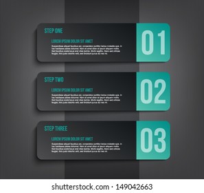 Three paper tags banners template over dark pattern background for business design, infographics, step presentation, reports, number options, progress or workflow layout. Clean and modern style