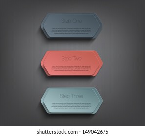 Three paper tags banners template over dark pattern background for business design, infographics, step presentation, reports, number options, progress or workflow layout. Clean and modern style