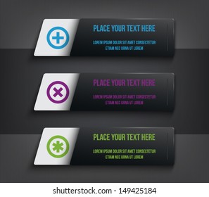 Three paper tags / labels banners in plastic glossy pocket for business design, infographics, reports, step presentation, progress, number options or workflow layout. Clean and modern style