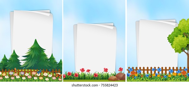 Tres plantillas de papel con ilustración de fondo de jardín
