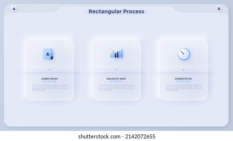 Three paper white cards with pointers placed in horizontal row. Concept of business process with 3 steps. Simple infographic design template. Modern flat vector illustration for data visualization.