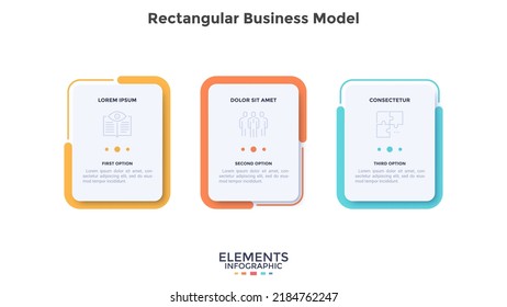 Three paper white cards or rectangular elements placed in horizontal row. Concept of 3 marketing options of startup project. Simple infographic design template. Modern linear vector illustration.