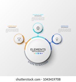 Three paper white circles with thin line icons inside and arrows pointing at main round element. Concept of 3 business development directions. Clean infographic design template. Vector illustration.