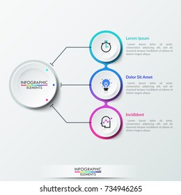 Three paper white circular elements with thin line symbols inside connected with main circle, 3 options of business process. Realistic infographic design layout. Vector illustration for brochure.