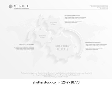 three paper white gear wheels with thin line pictograms inside and place for text. Concept of coordinated work or business activity. Infographic design template. Vector illustration for presentation.