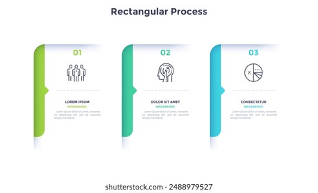 Three paper white overlapping arrows placed in horizontal row. Concept of 3 successive steps of progressive business development. Simple infographic design template. Abstract vector illustration.