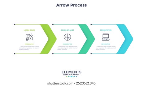 Three paper white overlapping arrows placed in horizontal row. Concept of 3 successive steps of progressive business development. Simple infographic design template. Abstract vector illustration.