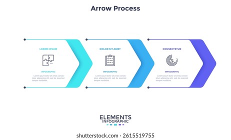 Three paper white overlapping arrows placed in horizontal row. Concept of 3 successive steps of progressive business development. Simple infographic design template. Abstract vector illustration.