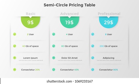 Three paper white rectangular check lists with price and features of subscription plans. Creative infographic design template. Vector illustration for online data storage or cloud service website.