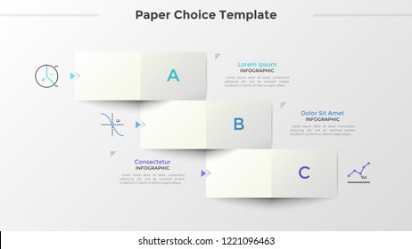 Three paper white rectangular elements with letters arranged as descending stairs, thin line symbols and place for text. Concept of 3 options to choose. Infographic design layout. Vector illustration.