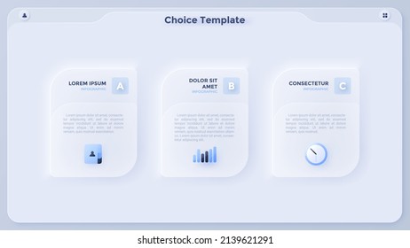 Three paper white rectangular elements or cards arranged in horizontal row. Concept of 3 business options to choose. Simple infographic design template. Modern flat vector illustration for banner.
