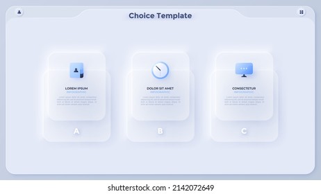 Three paper white rectangular elements placed in horizontal row. Concept of business model with 3 options to select. Minimal infographic design template. Modern flat vector illustration for banner.